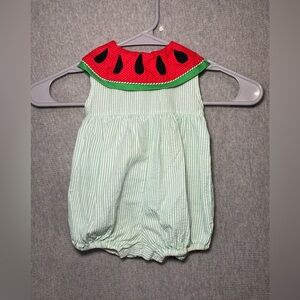 Girls Vintage Samara Green Seersucker Watermelon Collar Bubble Romper 12M